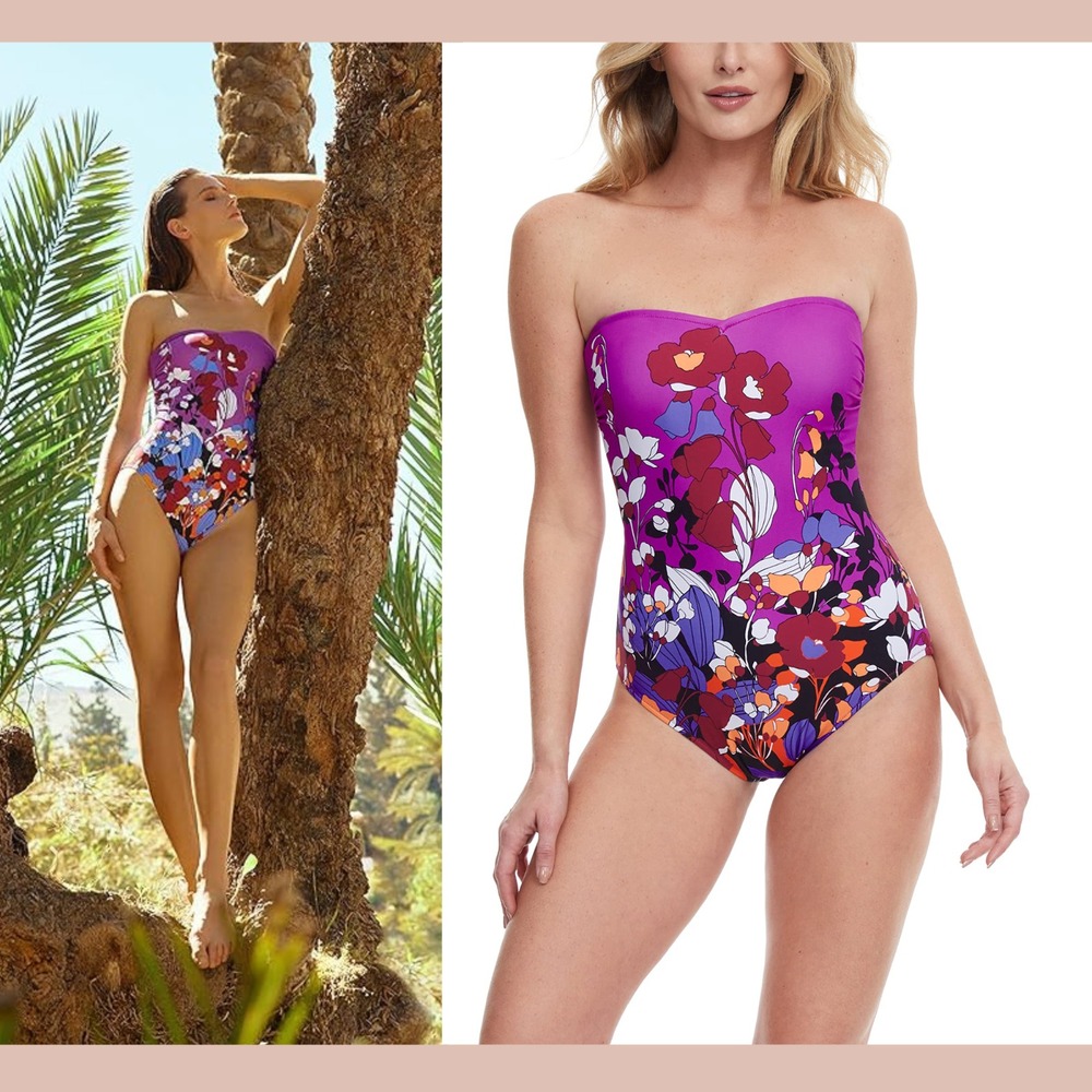 NWT $148 Gottex [ 8 US ]‎ Plum Floral Art Bandeau One Piece Swimsuit U1344